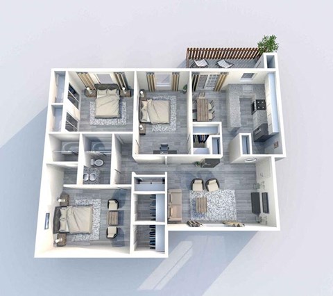 A 3D floor plan of a house with multiple rooms and furniture.